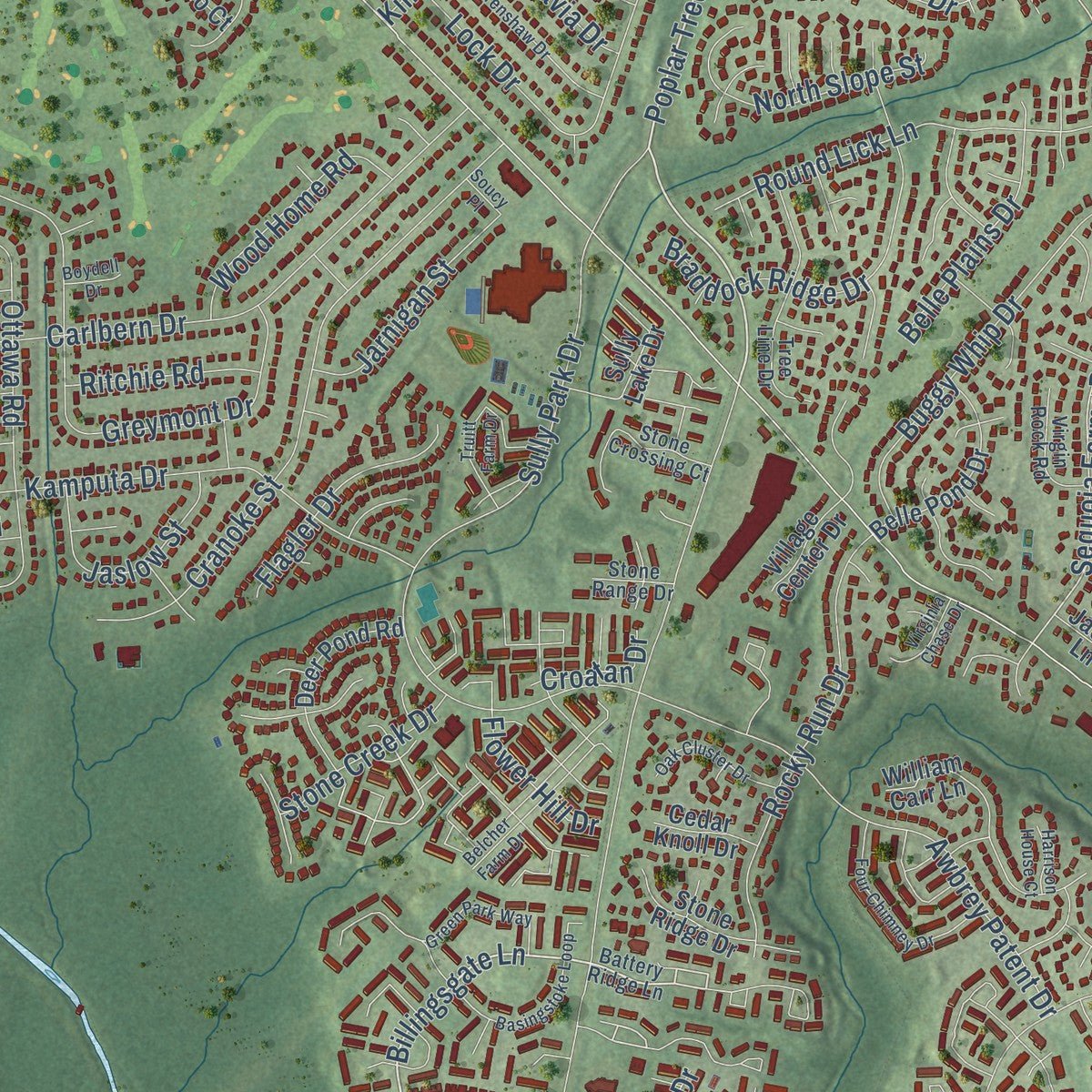 Second close-up of the map of Centreville, Virginia print showing more streets and buildings