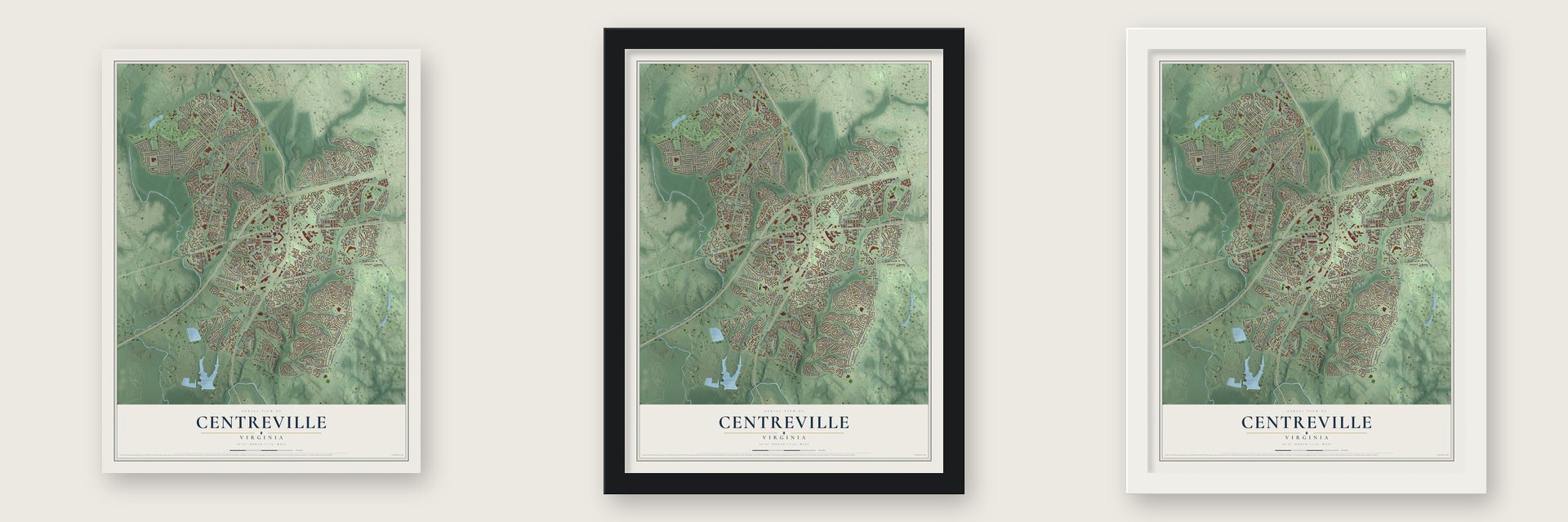 Centreville, Virginia map unframed, in a black wood frame and in a white wood frame