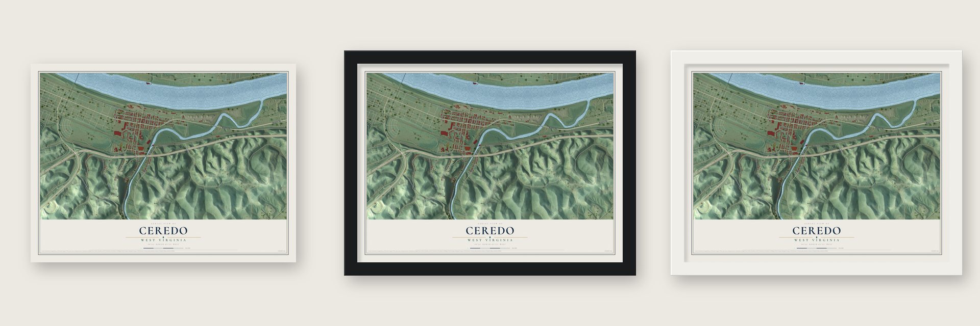 Ceredo, West Virginia map unframed, in a black wood frame and in a white wood frame
