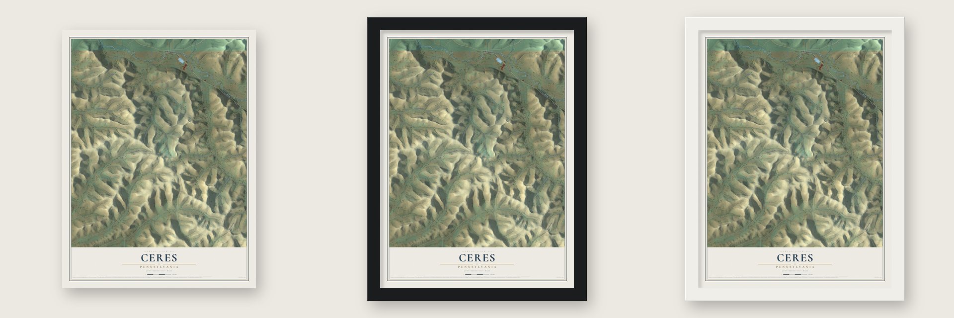 Ceres, Pennsylvania map unframed, in a black wood frame and in a white wood frame
