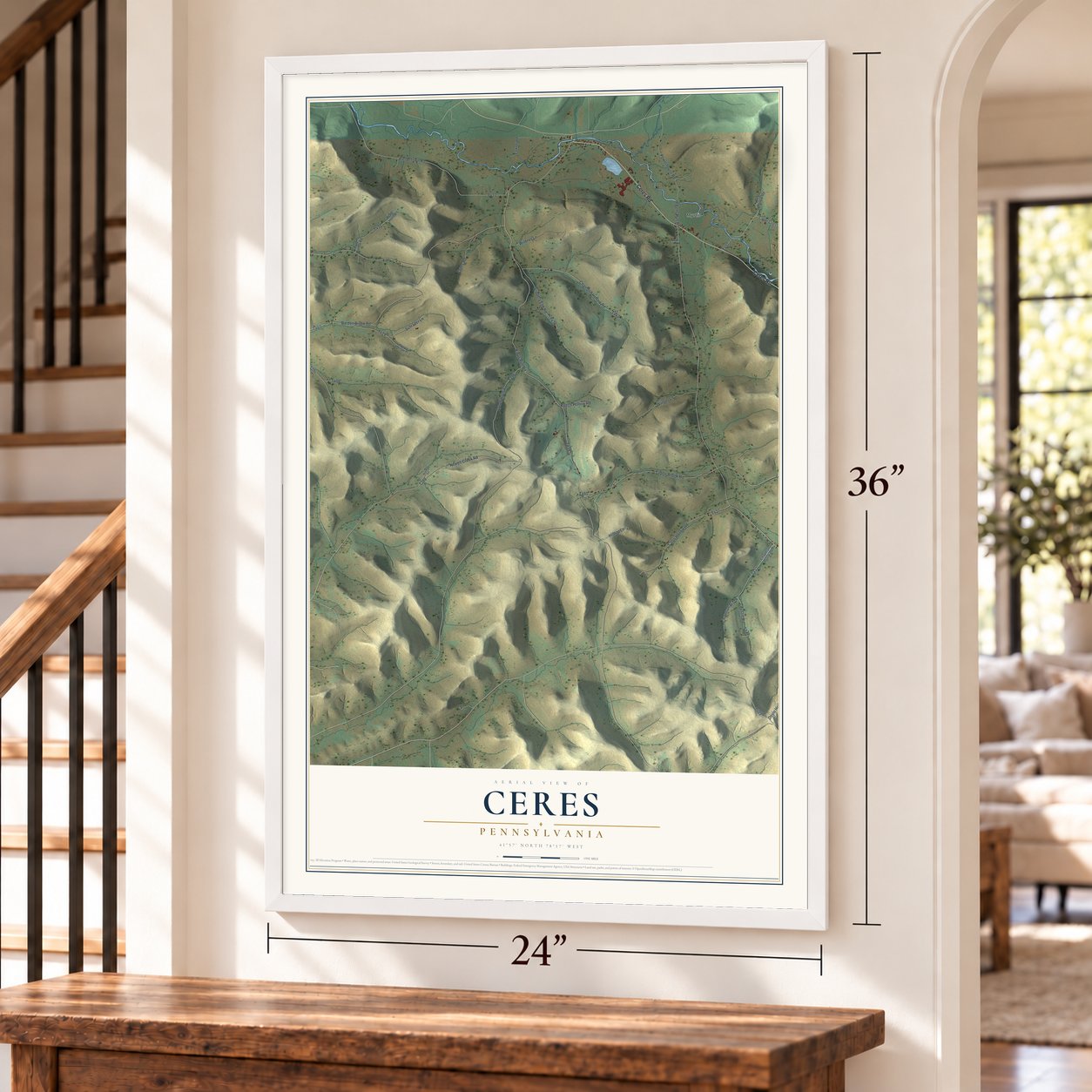 Ceres, Pennsylvania map, 24 x 36 inch print in a white frame by a staircase