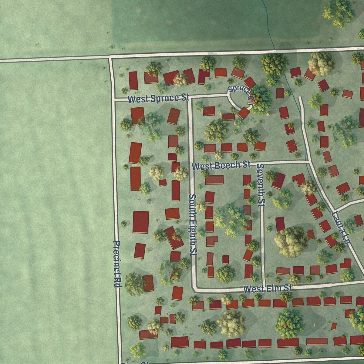 Second close-up of the map of Ceresco, Nebraska print showing more streets and buildings