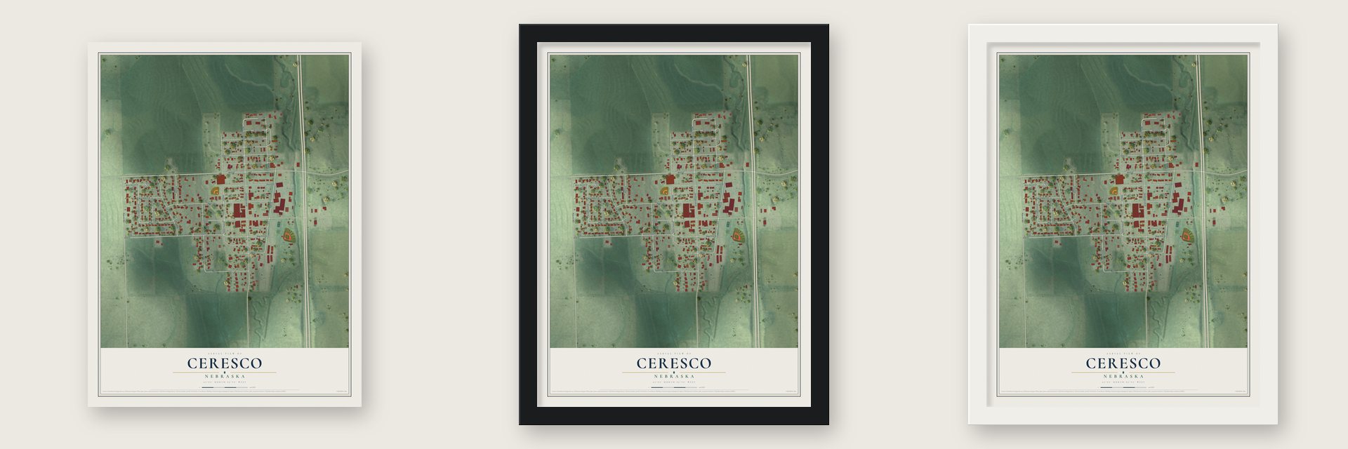 Ceresco, Nebraska map unframed, in a black wood frame and in a white wood frame