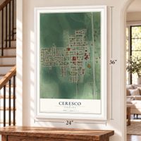 Ceresco, Nebraska map, 24 x 36 inch print in a white frame by a staircase