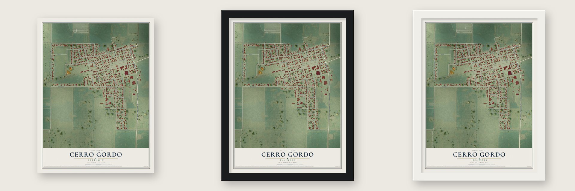 Cerro Gordo, Illinois map unframed, in a black wood frame and in a white wood frame