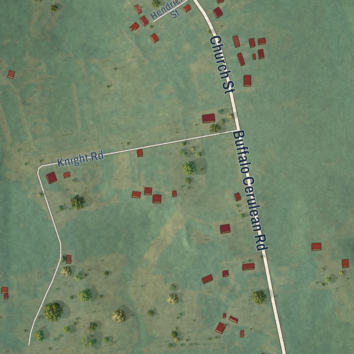 Second close-up of the map of Cerulean, Kentucky print showing more streets and buildings