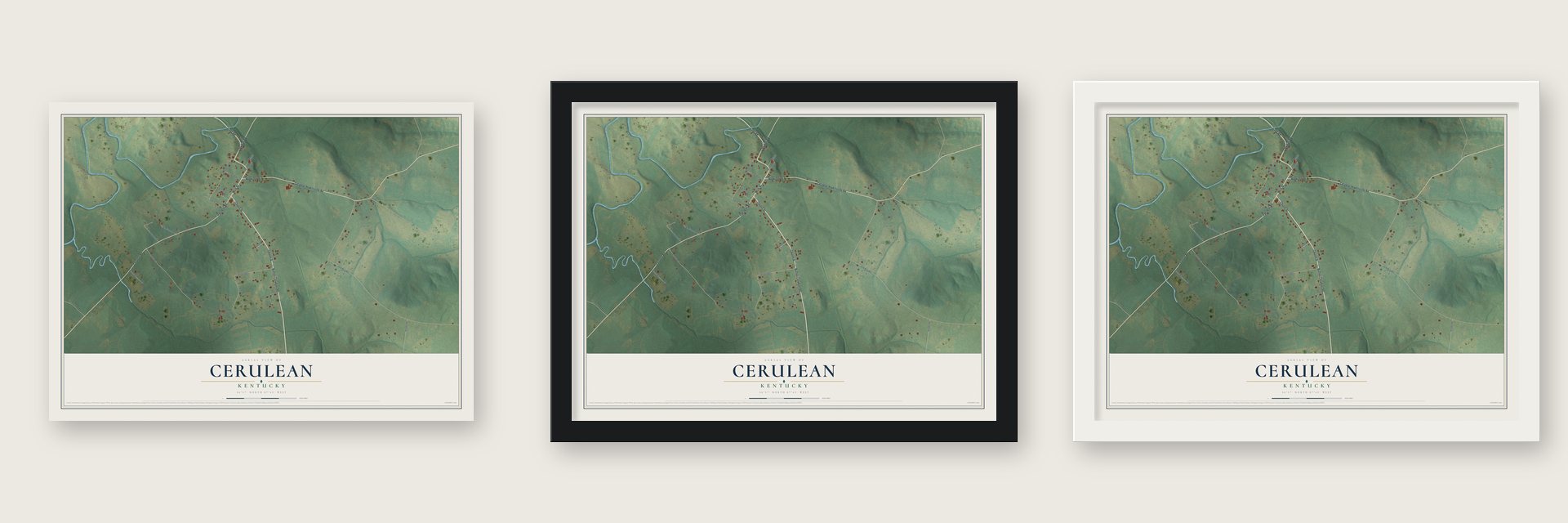 Cerulean, Kentucky map unframed, in a black wood frame and in a white wood frame