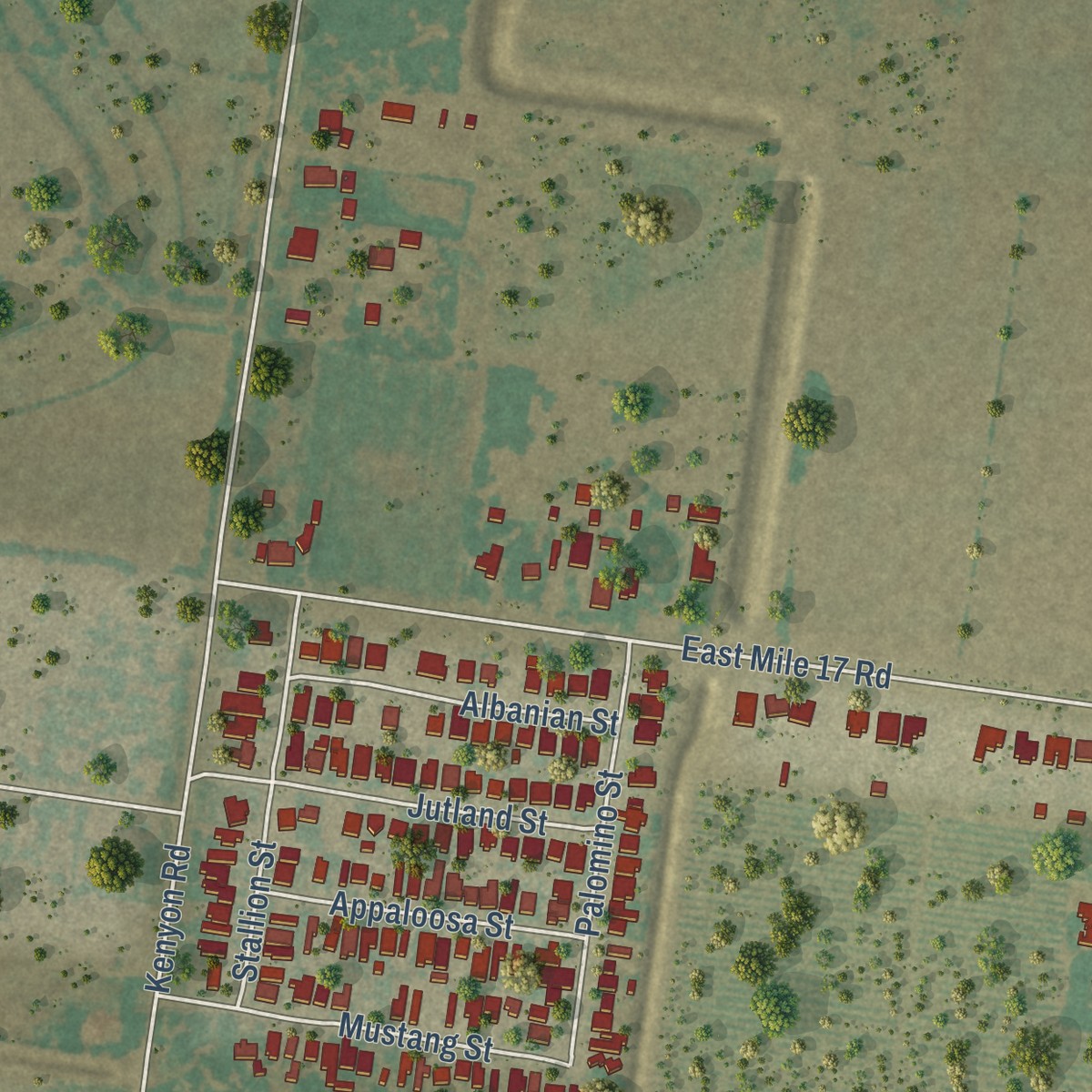 Second close-up of the map of César Chávez, Texas print showing more streets and buildings