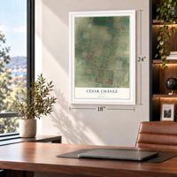 César Chávez, Texas map, 18 x 24 inch print in a white frame in a home office