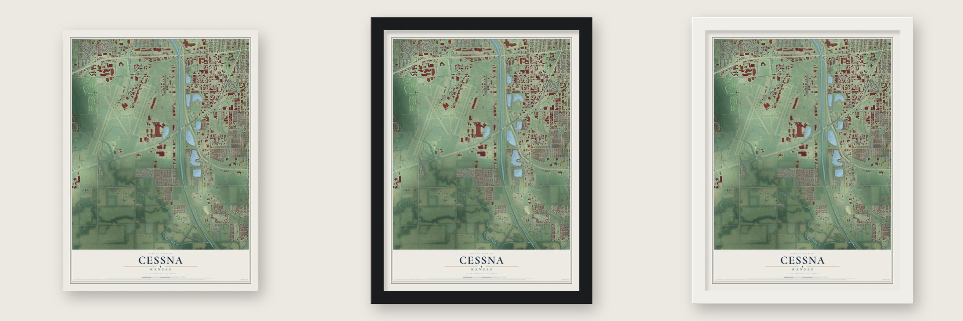 Cessna, Kansas map unframed, in a black wood frame and in a white wood frame