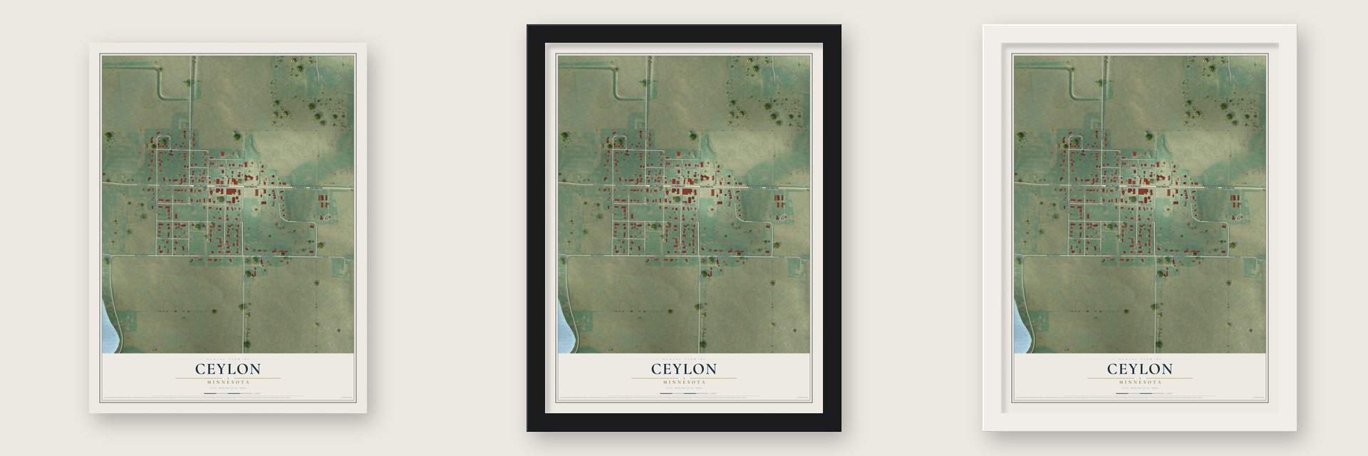 Ceylon, Minnesota map unframed, in a black wood frame and in a white wood frame