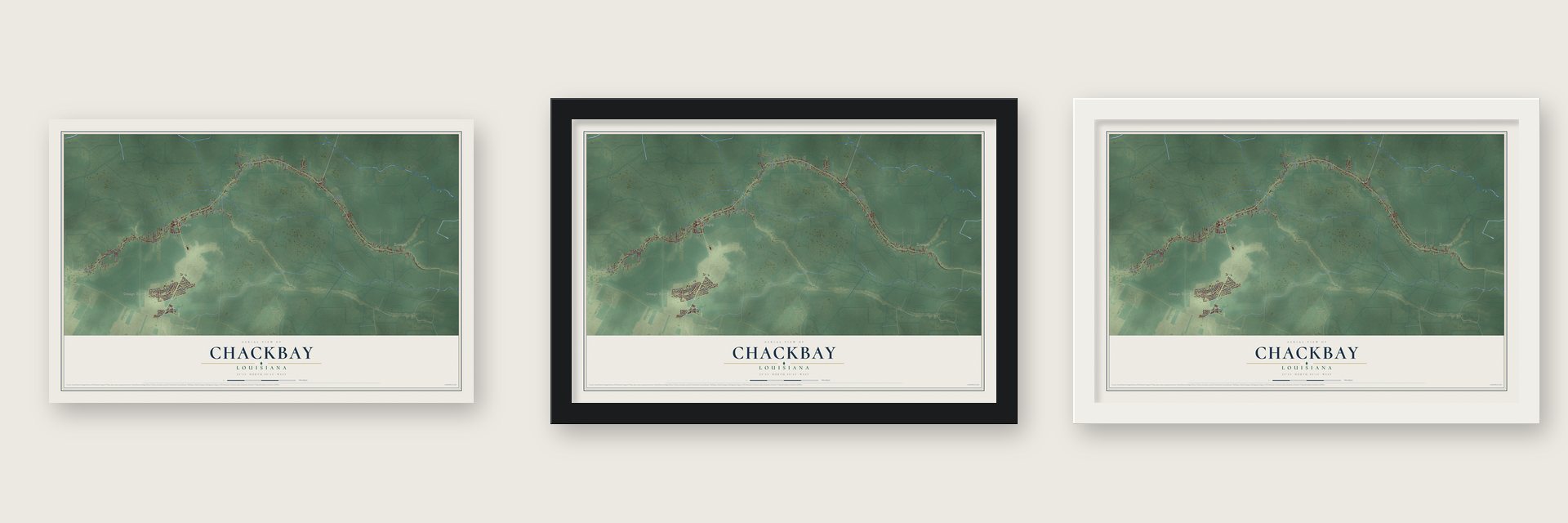 Chackbay, Louisiana map unframed, in a black wood frame and in a white wood frame
