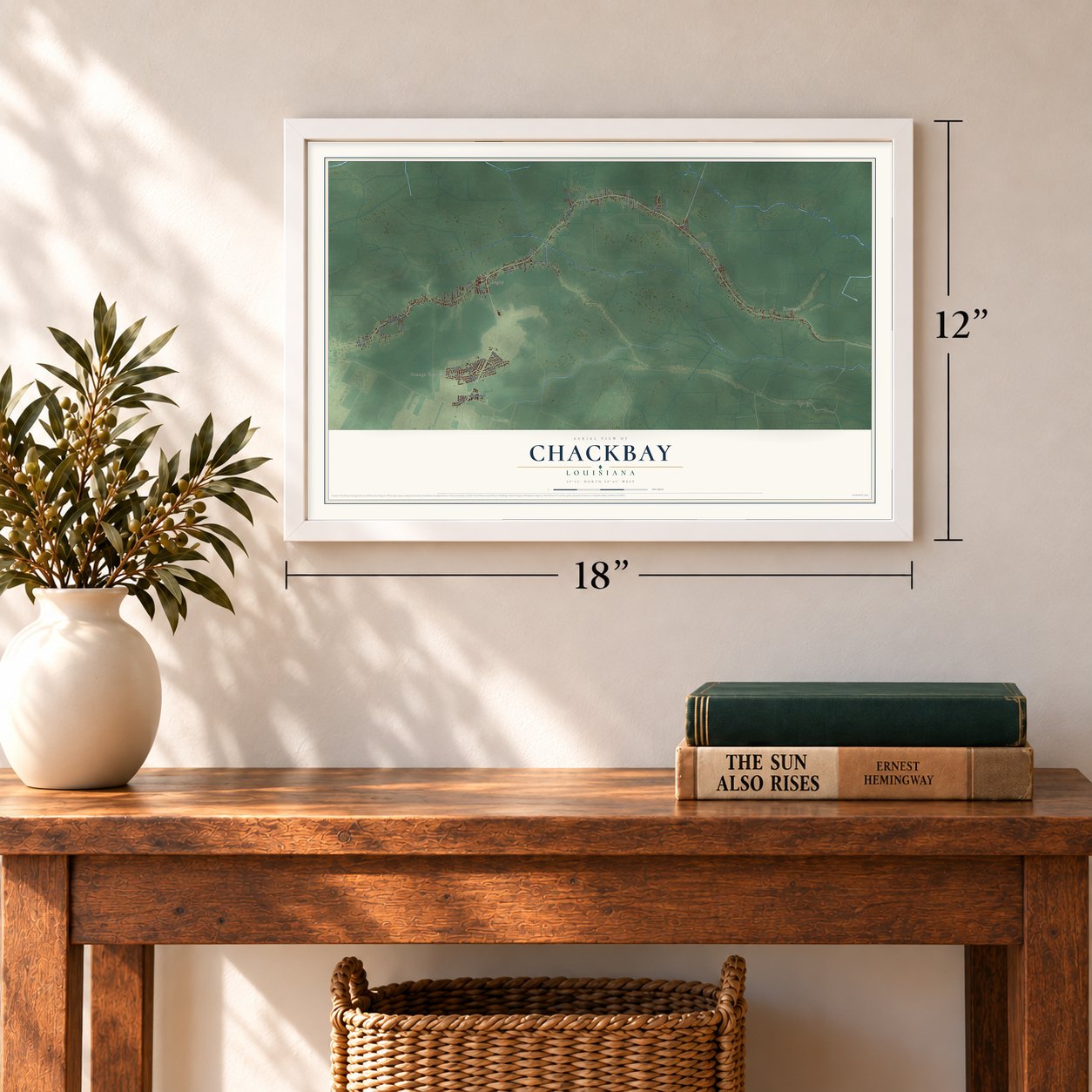 Chackbay, Louisiana map, 12 x 18 inch print in a white frame in an entryway