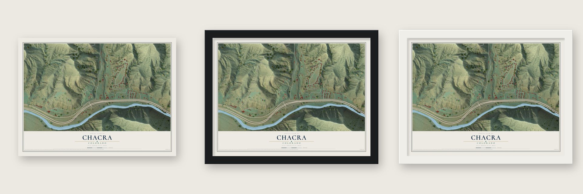 Chacra, Colorado map unframed, in a black wood frame and in a white wood frame