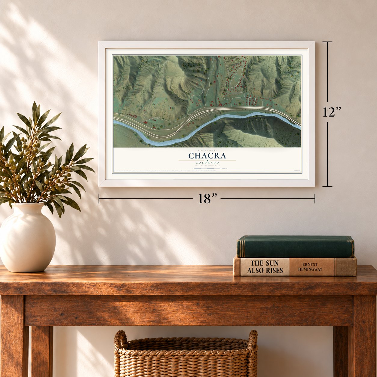 Chacra, Colorado map, 12 x 18 inch print in a white frame in an entryway