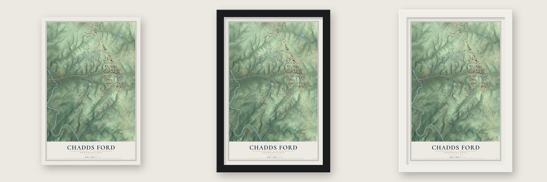 Chadds Ford, Pennsylvania map unframed, in a black wood frame and in a white wood frame