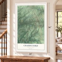 Chadds Ford, Pennsylvania map, 24 x 36 inch print in a white frame by a staircase