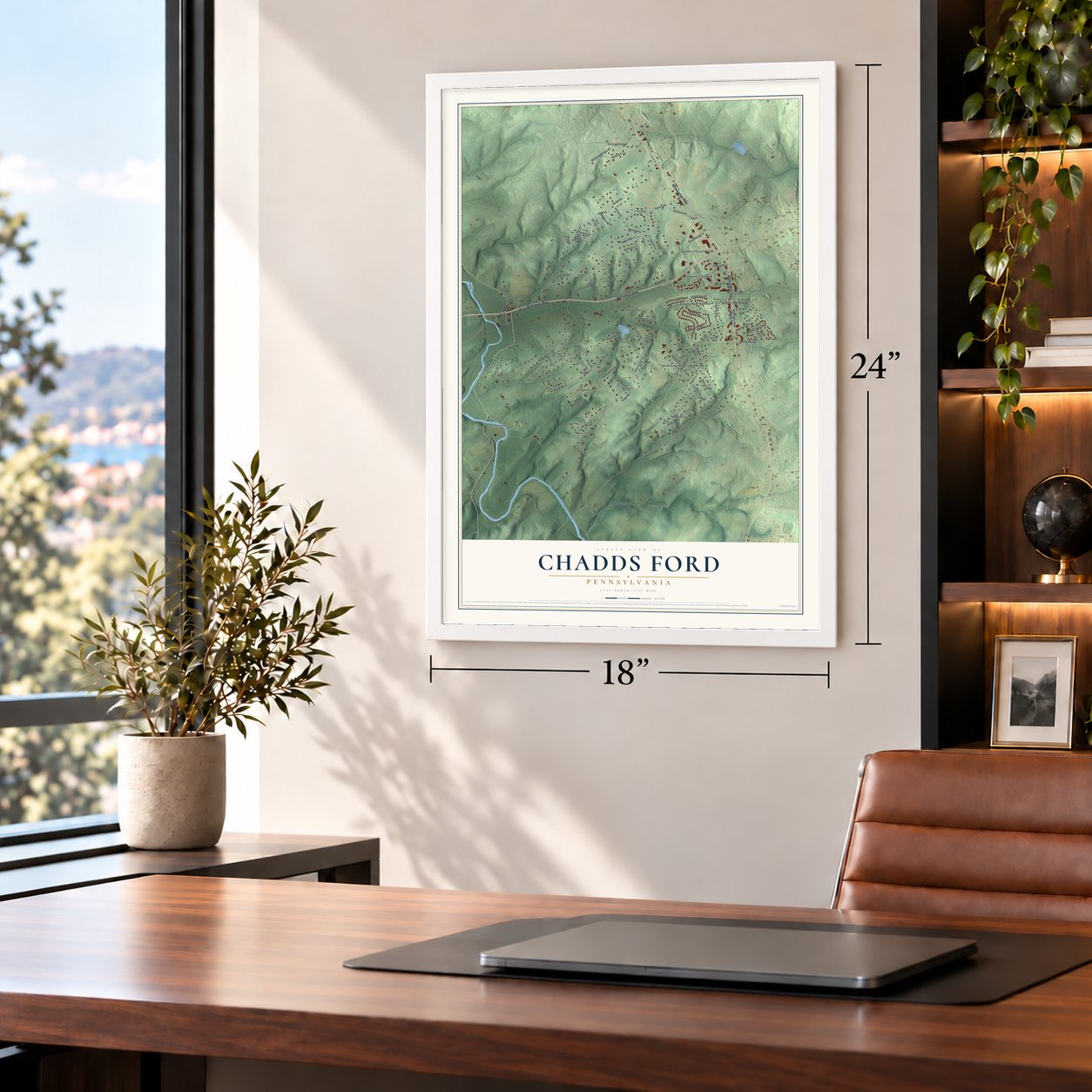 Chadds Ford, Pennsylvania map, 18 x 24 inch print in a white frame in a home office