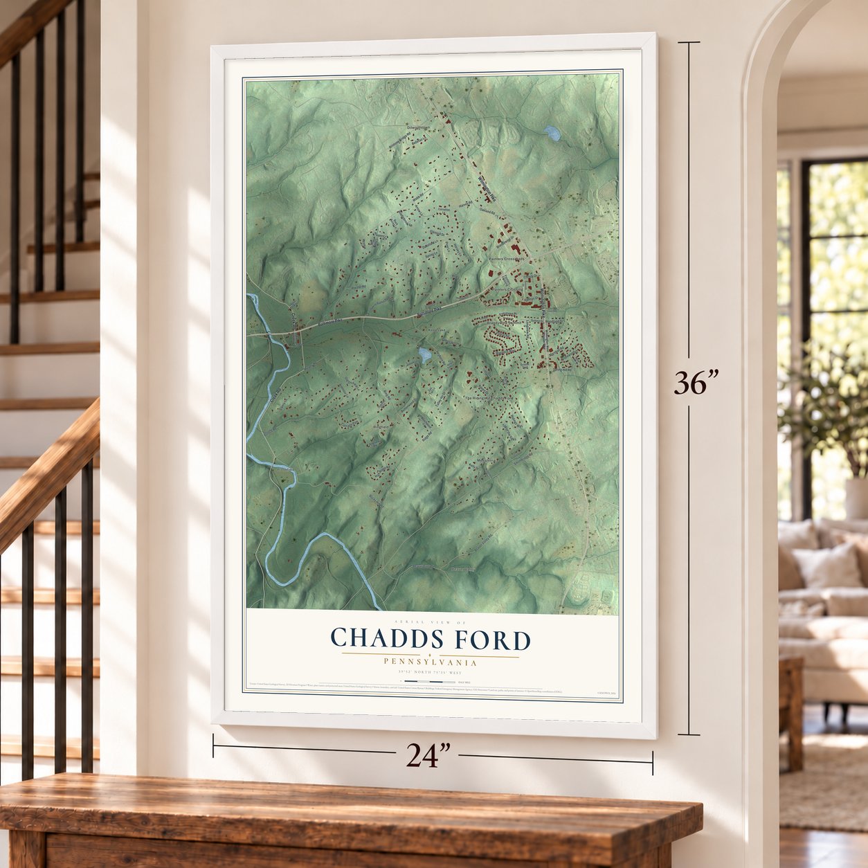 Chadds Ford, Pennsylvania map, 24 x 36 inch print in a white frame by a staircase