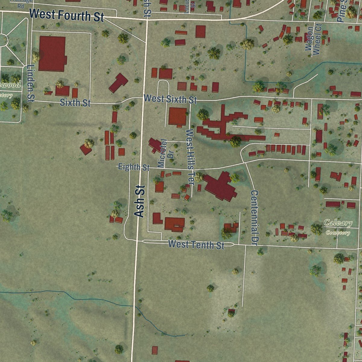 Second close-up of the map of Chadron, Nebraska print showing more streets and buildings