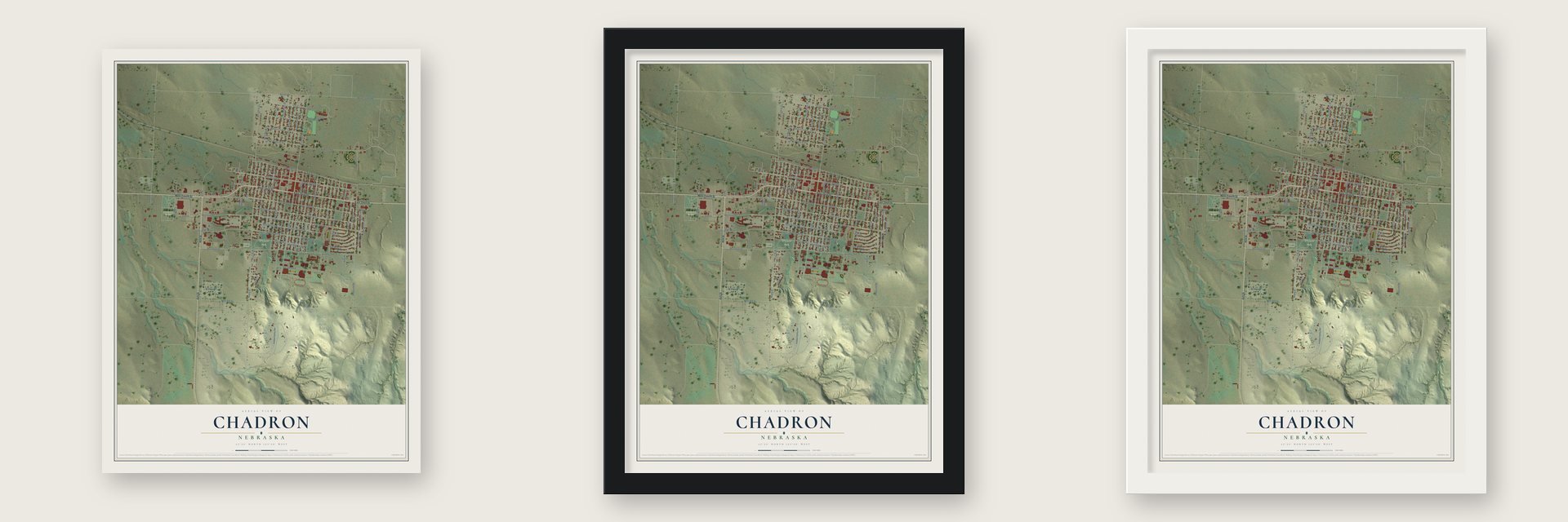 Chadron, Nebraska map unframed, in a black wood frame and in a white wood frame