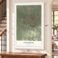 Chadron, Nebraska map, 24 x 36 inch print in a white frame by a staircase