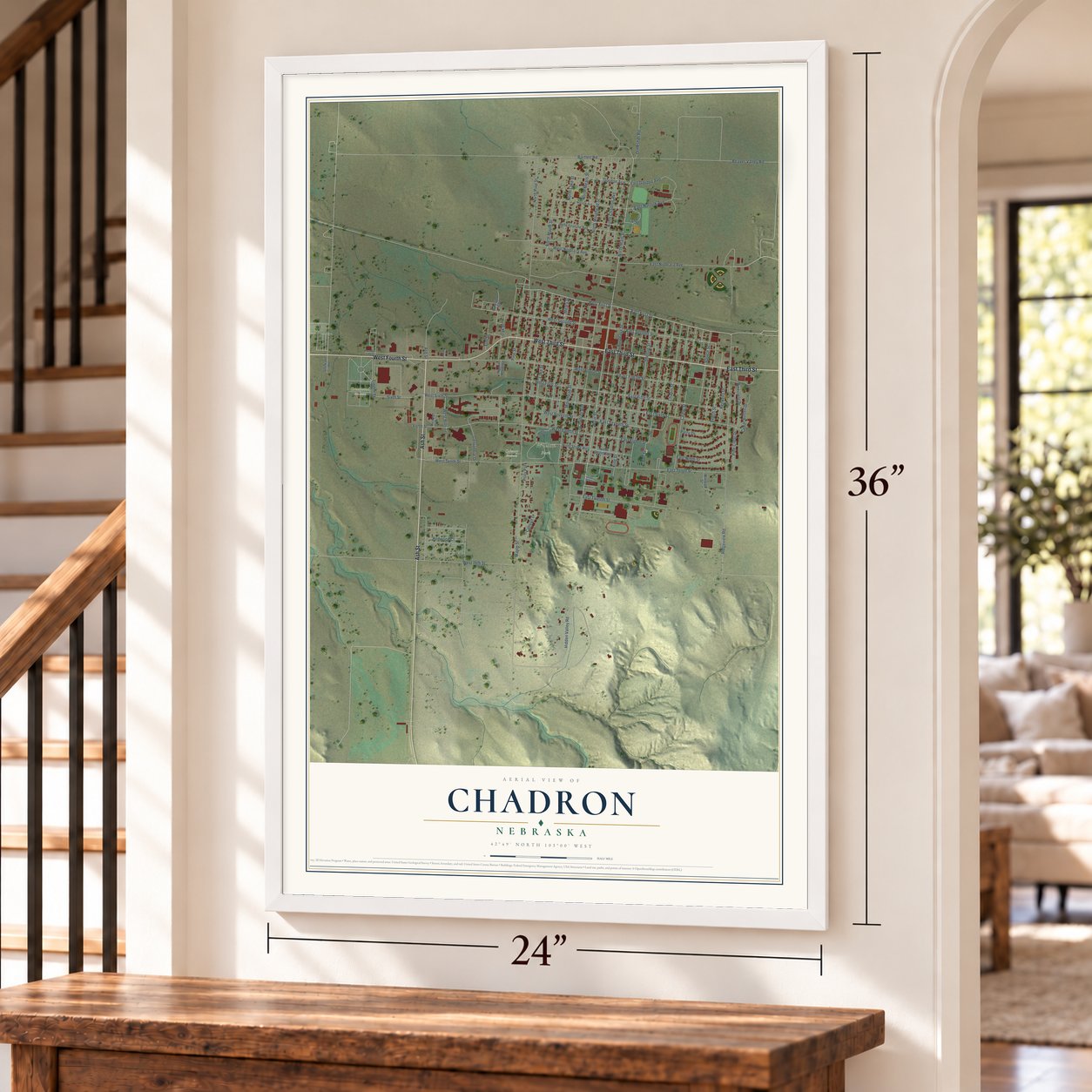 Chadron, Nebraska map, 24 x 36 inch print in a white frame by a staircase