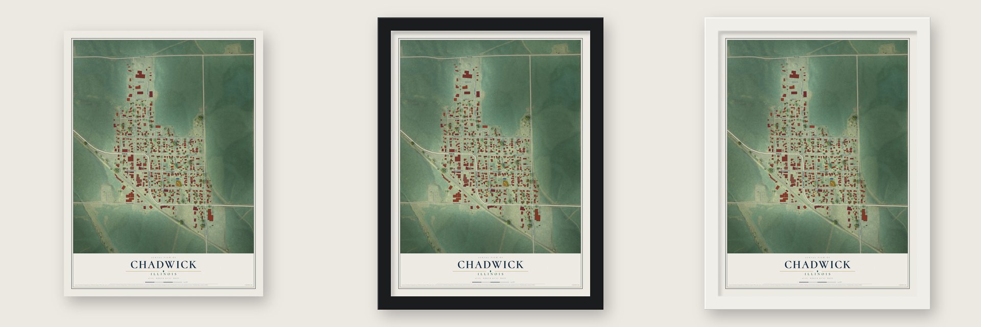 Chadwick, Illinois map unframed, in a black wood frame and in a white wood frame