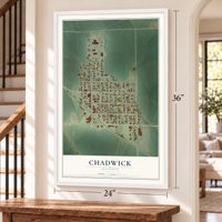 Chadwick, Illinois map, 24 x 36 inch print in a white frame by a staircase
