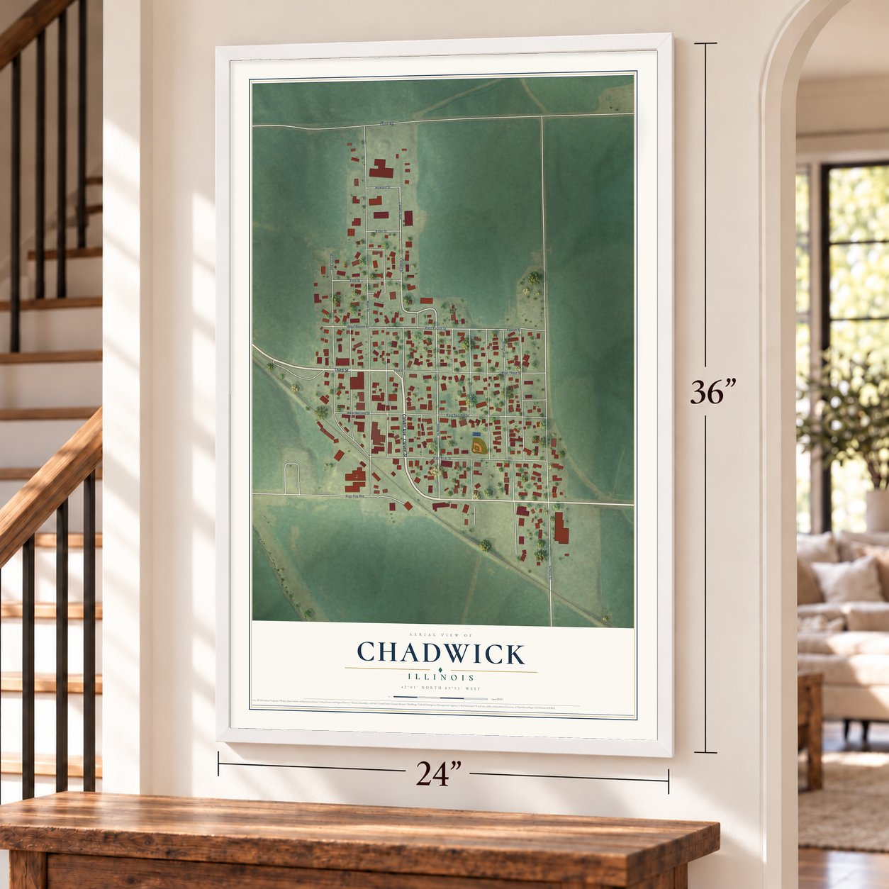 Chadwick, Illinois map, 24 x 36 inch print in a white frame by a staircase