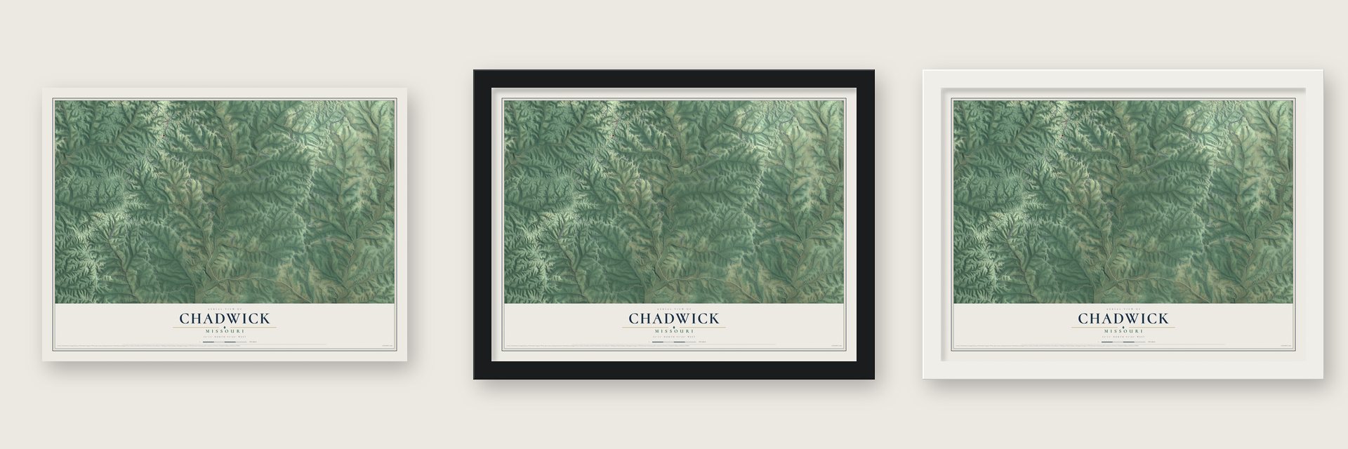 Chadwick, Missouri map unframed, in a black wood frame and in a white wood frame