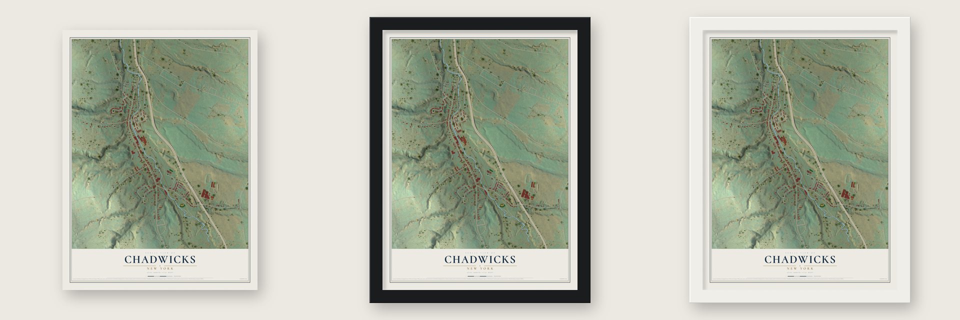 Chadwicks, New York map unframed, in a black wood frame and in a white wood frame