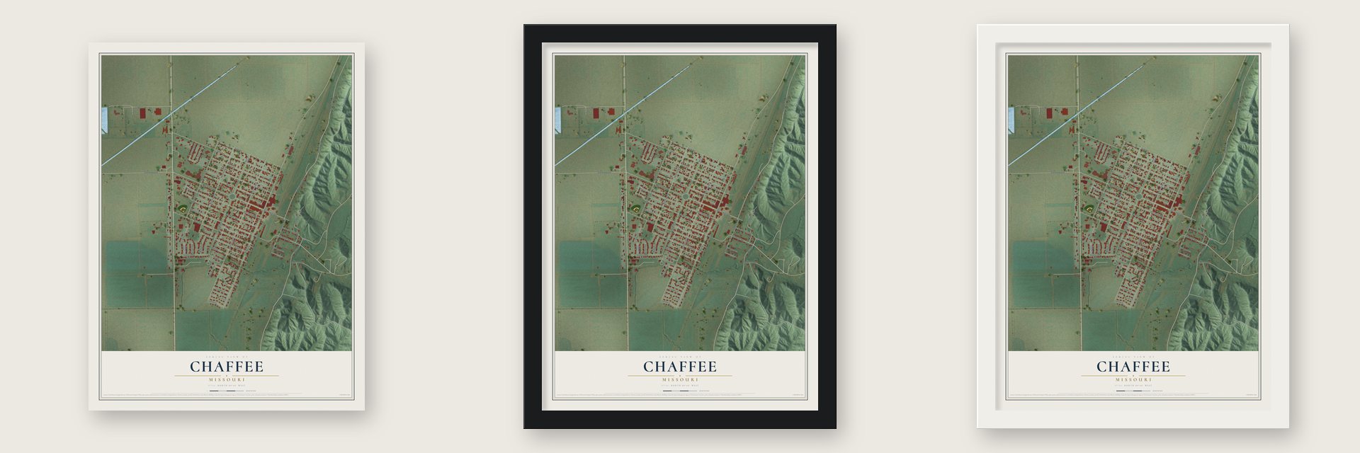 Chaffee, Missouri map unframed, in a black wood frame and in a white wood frame