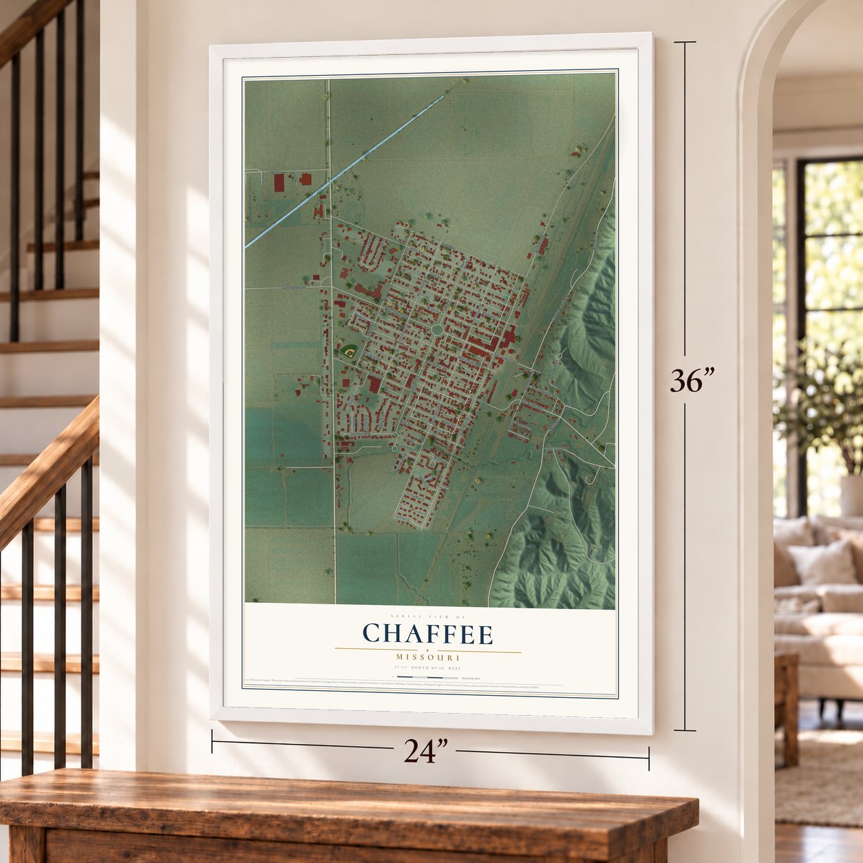 Chaffee, Missouri map, 24 x 36 inch print in a white frame by a staircase