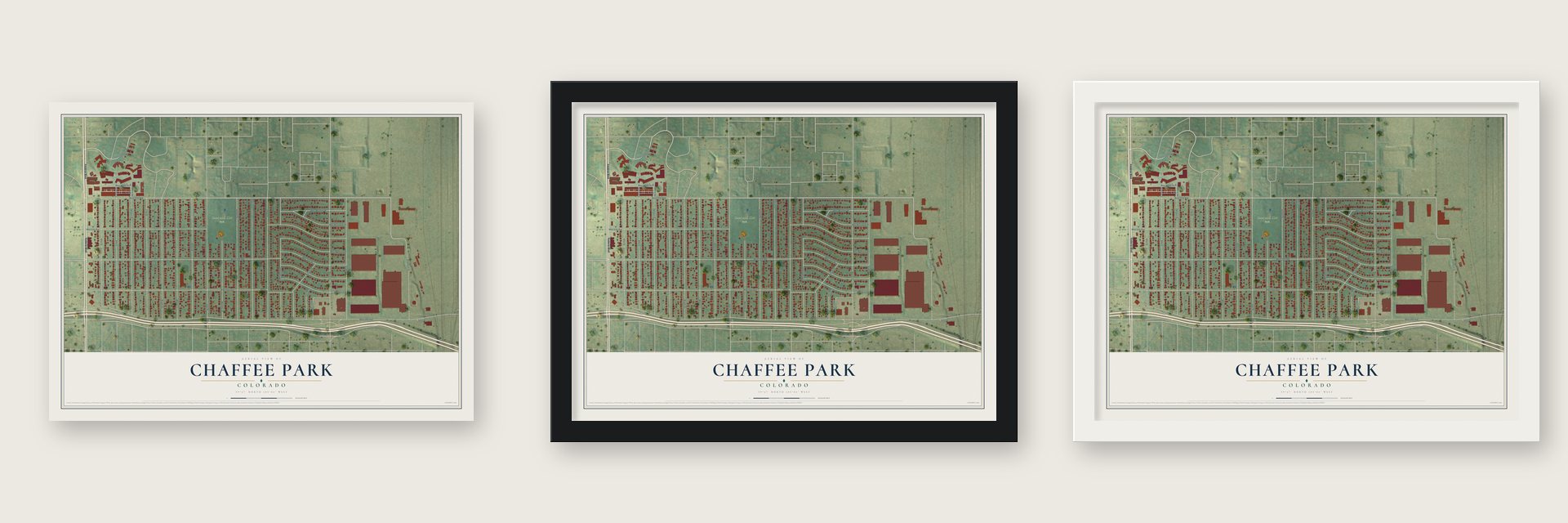 Chaffee Park, Colorado map unframed, in a black wood frame and in a white wood frame
