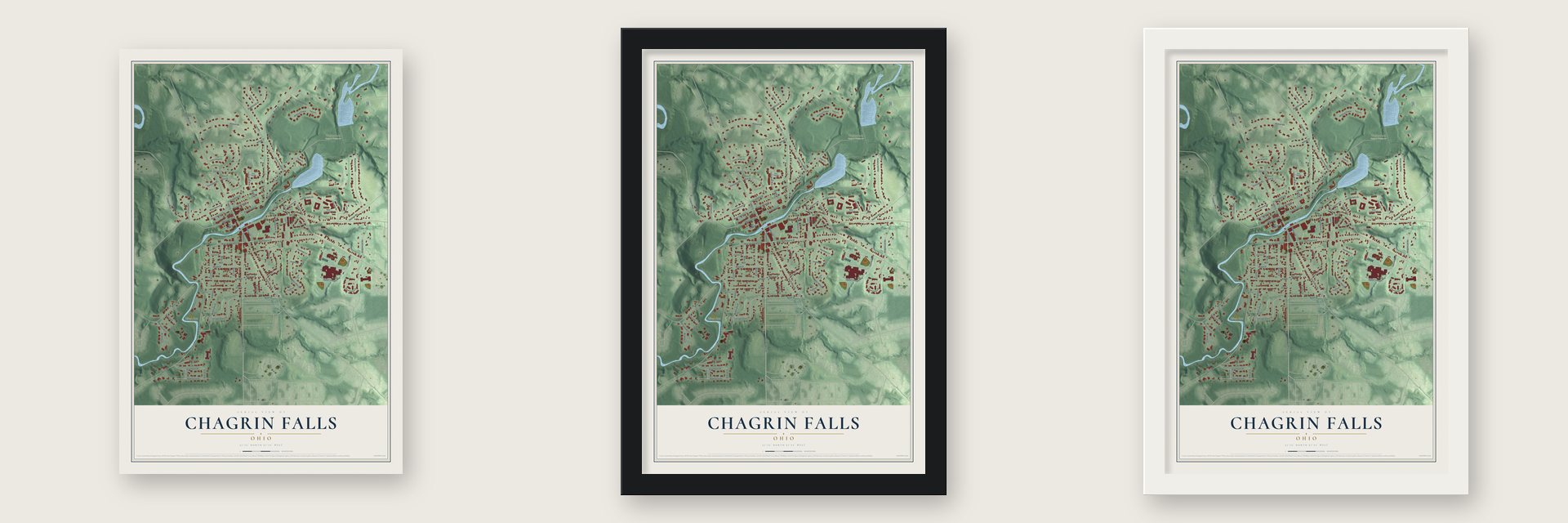 Chagrin Falls, Ohio map unframed, in a black wood frame and in a white wood frame