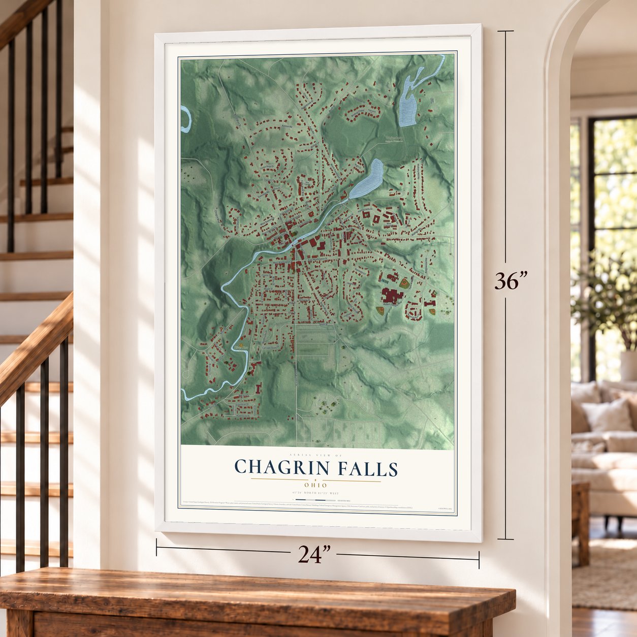 Chagrin Falls, Ohio map, 24 x 36 inch print in a white frame by a staircase