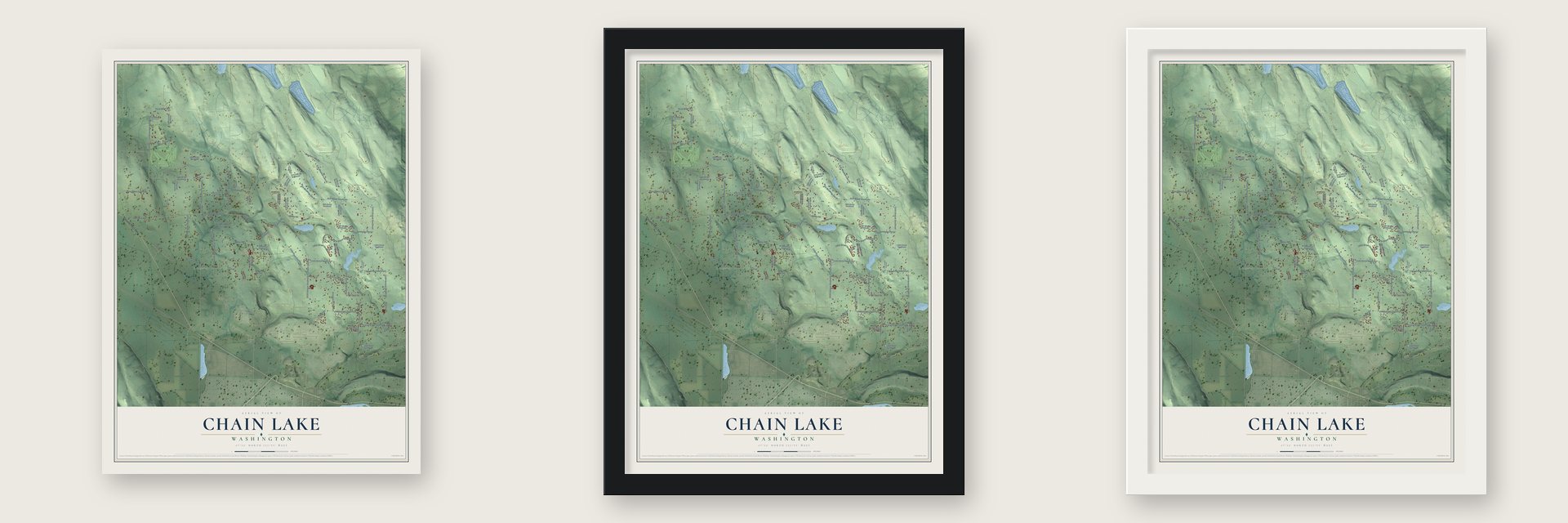 Chain Lake, Washington map unframed, in a black wood frame and in a white wood frame
