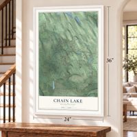 Chain Lake, Washington map, 24 x 36 inch print in a white frame by a staircase