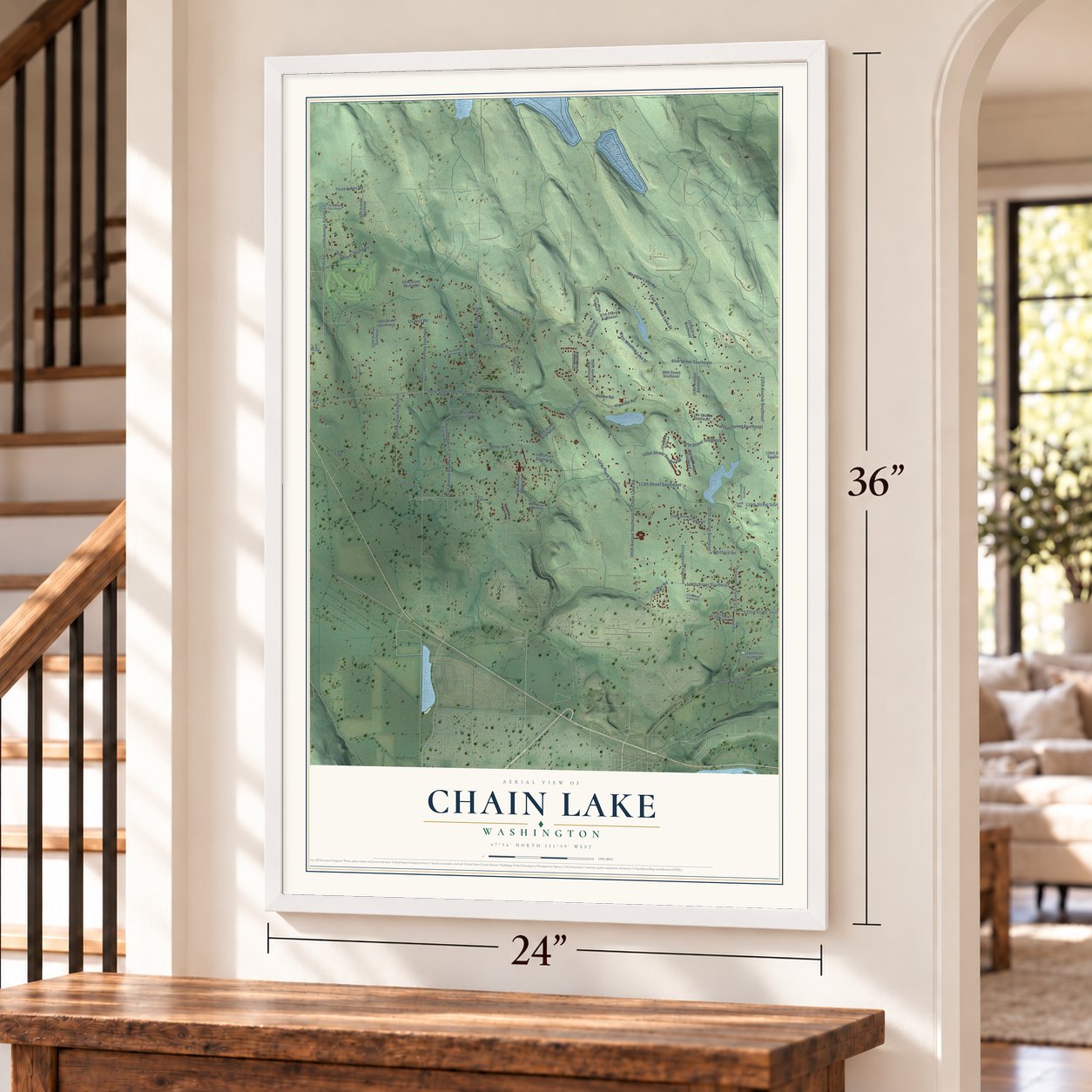 Chain Lake, Washington map, 24 x 36 inch print in a white frame by a staircase