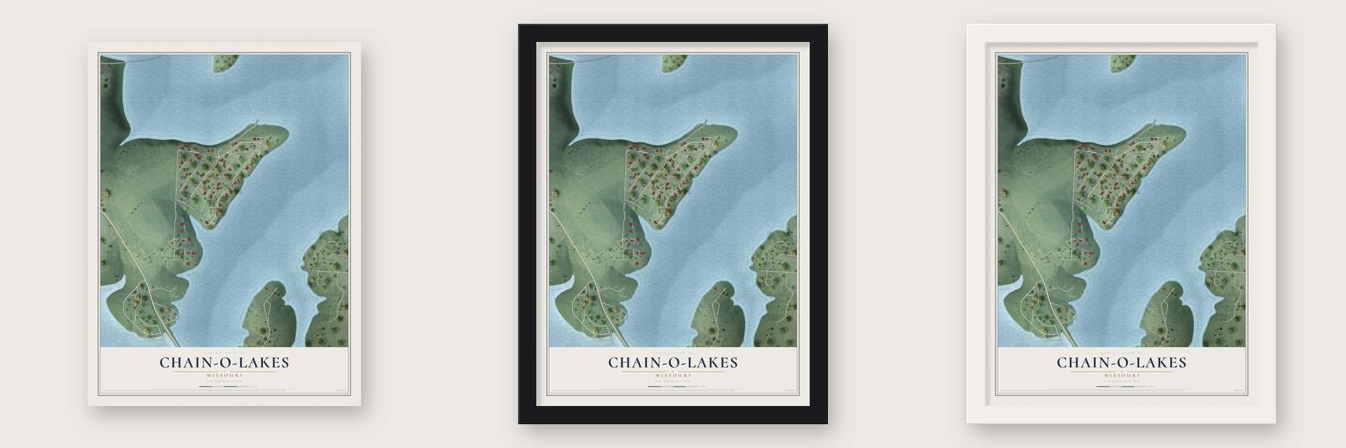 Chain-O-Lakes, Missouri map unframed, in a black wood frame and in a white wood frame