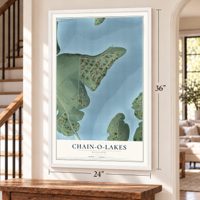 Chain-O-Lakes, Missouri map, 24 x 36 inch print in a white frame by a staircase