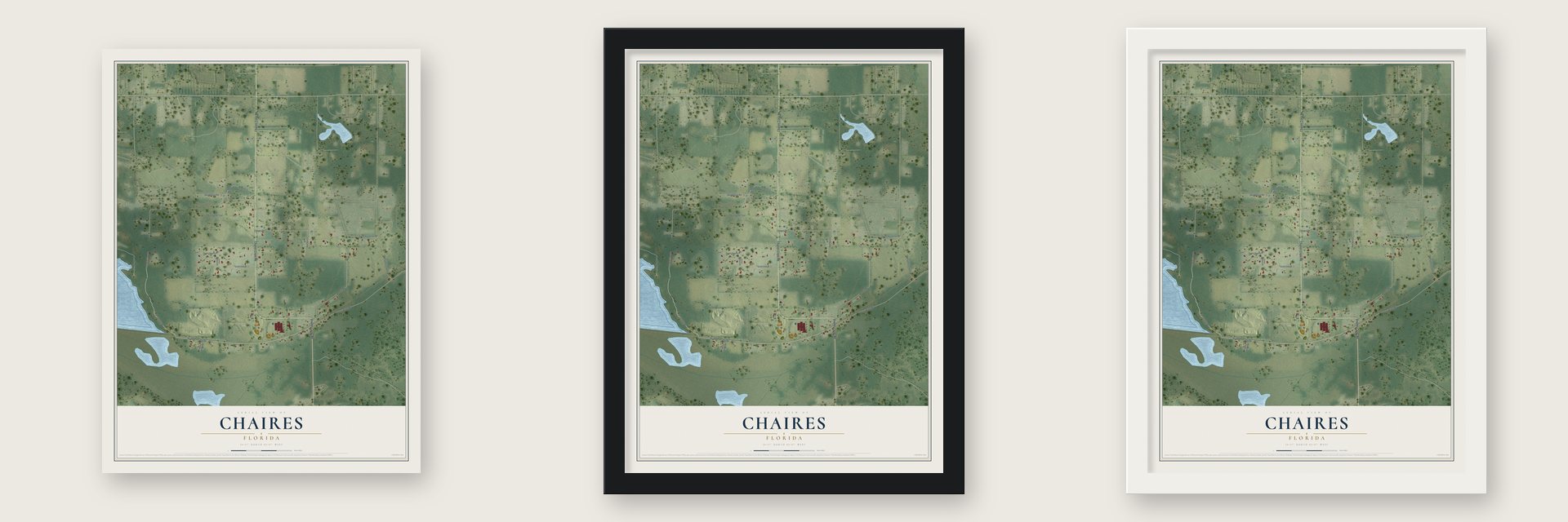 Chaires, Florida map unframed, in a black wood frame and in a white wood frame