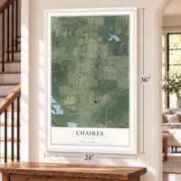 Chaires, Florida map, 24 x 36 inch print in a white frame by a staircase