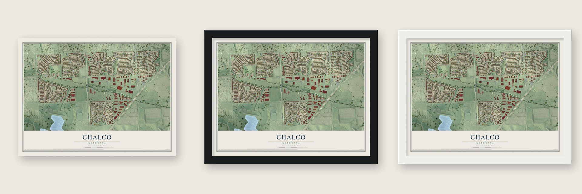 Chalco, Nebraska map unframed, in a black wood frame and in a white wood frame