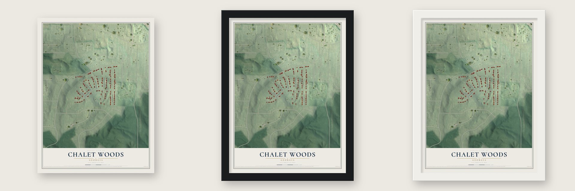 Chalet Woods, Georgia map unframed, in a black wood frame and in a white wood frame