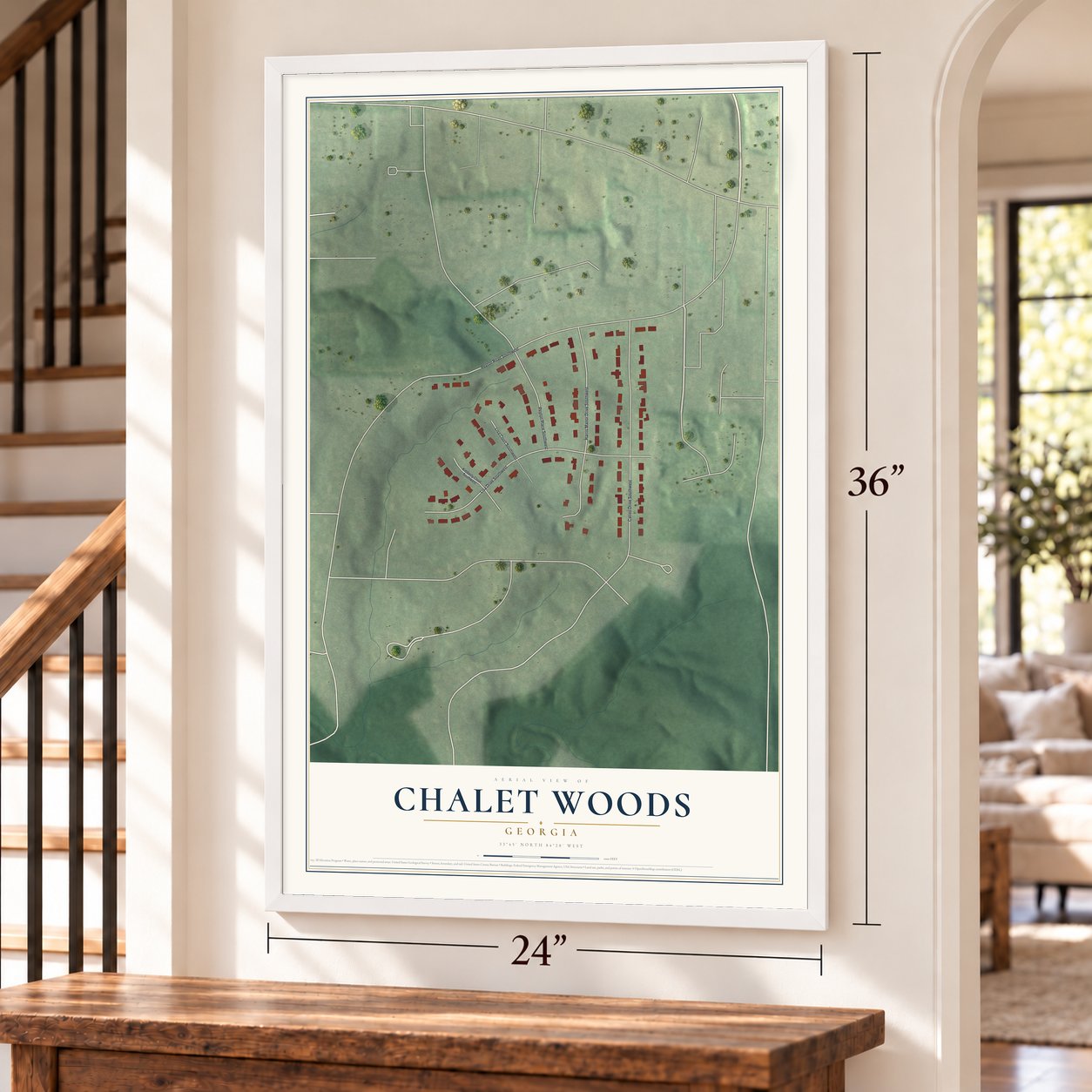 Chalet Woods, Georgia map, 24 x 36 inch print in a white frame by a staircase