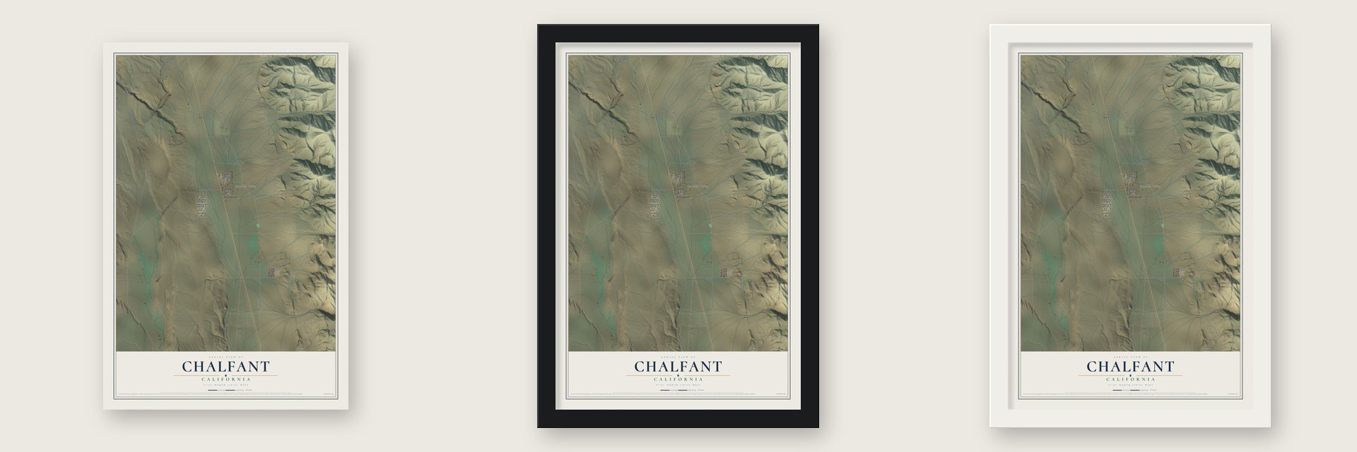 Chalfant, California map unframed, in a black wood frame and in a white wood frame