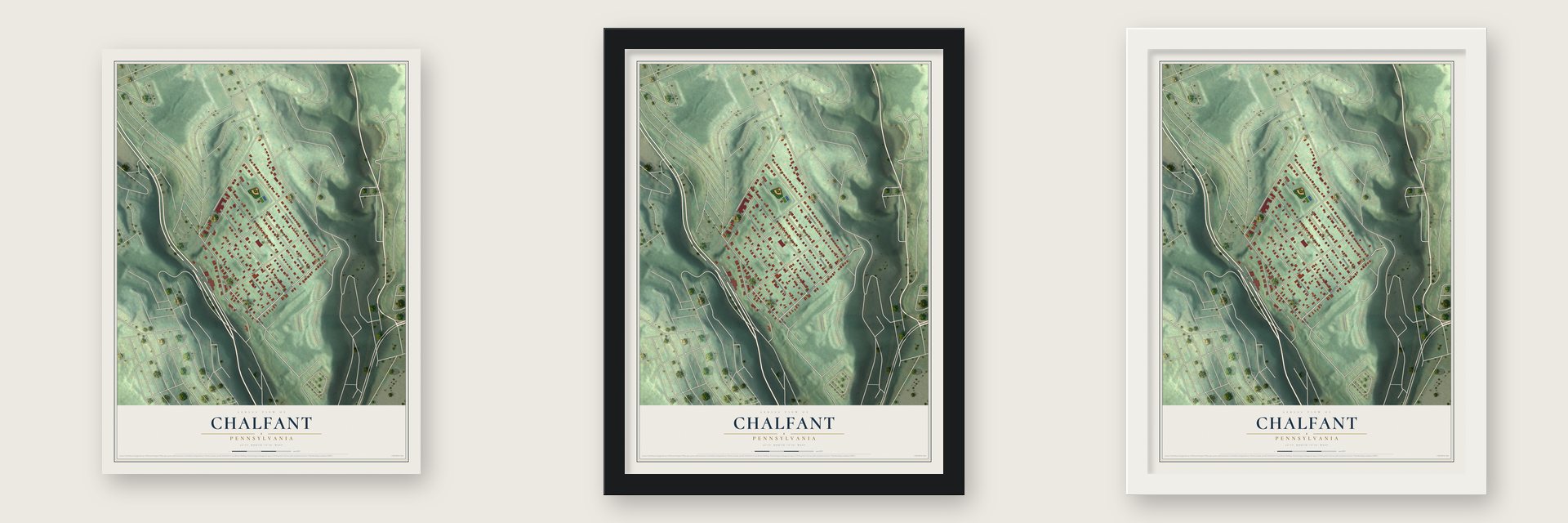 Chalfant, Pennsylvania map unframed, in a black wood frame and in a white wood frame