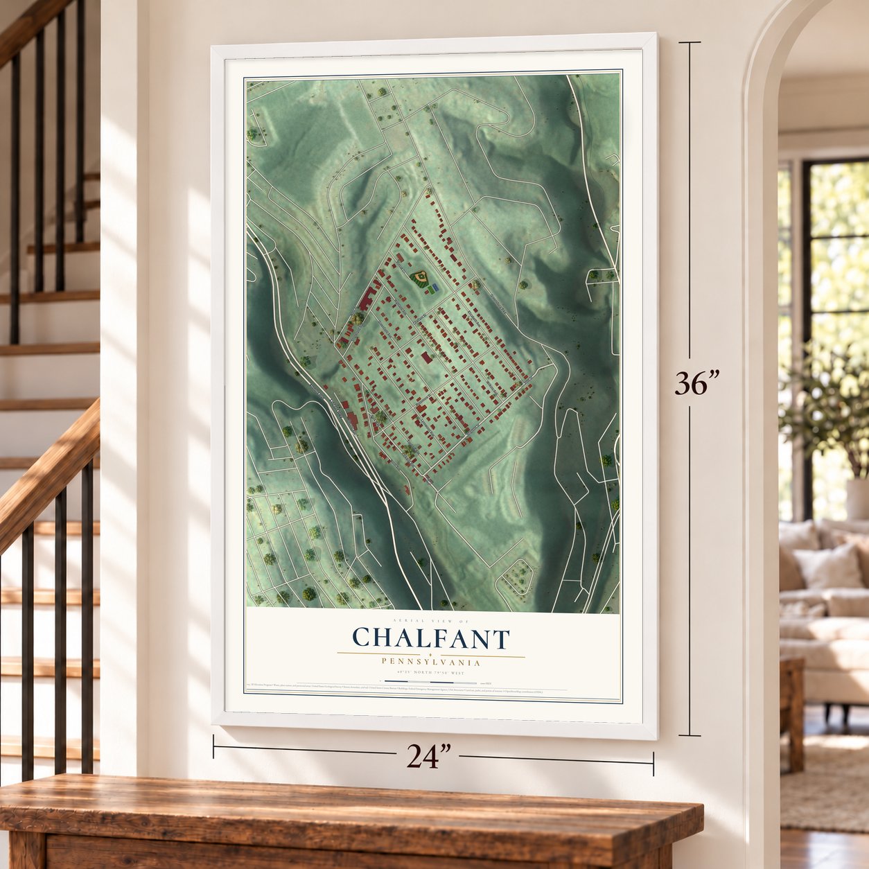 Chalfant, Pennsylvania map, 24 x 36 inch print in a white frame by a staircase